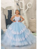 Ivory Lace Blue Tulle Tiered Flower Girl Dress